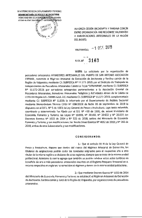 Res. Ex. N° 3163-2019 Autoriza cesión anchoveta y sardina común Región de Valparaíso a Región del Biobío.