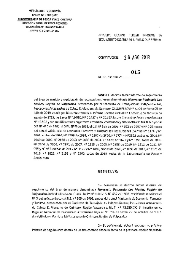 Res. Ex. N°15-2019 (DZP Vakparaíso, O'Higgins y Maule) 13° Seguimiento.