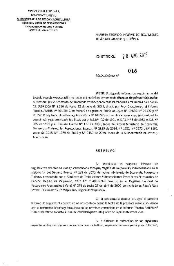 Res. Ex. N°16-2019 (DZP Valparaíso, O'Higgins y Maule) 2° Seguimiento.