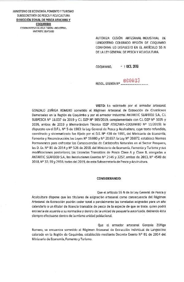 Res. Ex. N° 33-2019 (DZP Atacama y Coquimbo) Autoriza Cesión Langostino Colorado.