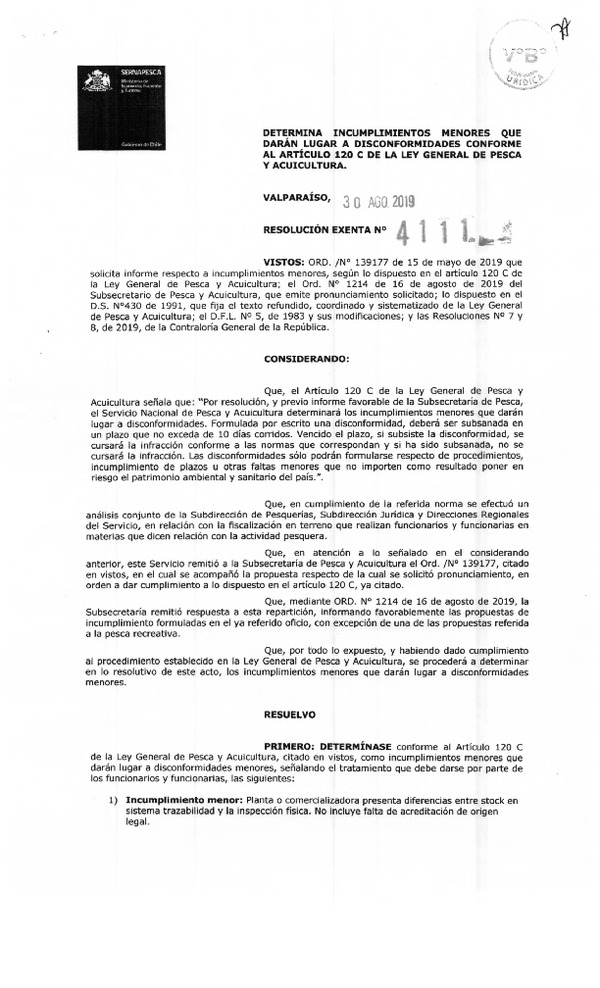 Res. Ex. N° 4111-2019 (Sernapesca) Determina Incumplimientos Menores que Draán Lugar a Disconformidades Conforme al Artículo 120 C de La LGPA. . (Publicado en Página Web 02-10-2019)