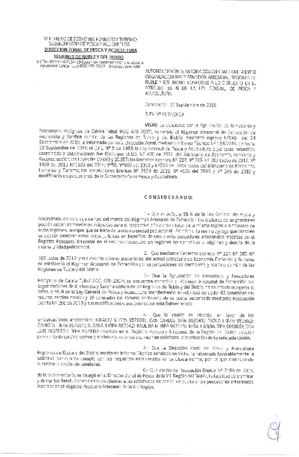 Res. Ex. N° 134-2019 (DZP VIII) Autoriza cesión Anchoveta y sardina común Regiones de Ñuble y del Biobío.