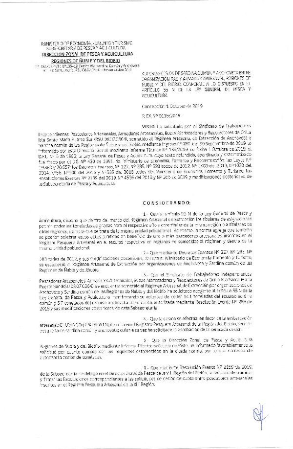 Res. Ex. N° 135-2019 (DZP VIII) Autoriza cesión Anchoveta y sardina común Regiones de Ñuble y del Biobío.