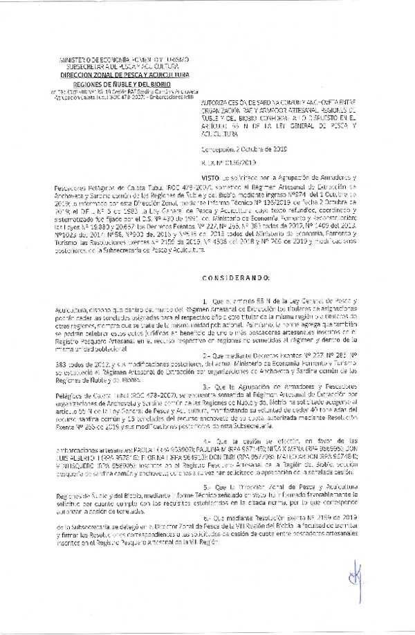 Res. Ex. N° 136-2019 (DZP VIII) Autoriza cesión Anchoveta y sardina común Regiones de Ñuble y del Biobío.