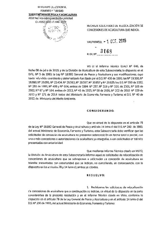 Res. Ex. N° 3168-2019 Rechaza solicitudes de relocalización de concesiones de acuicultura que indica.