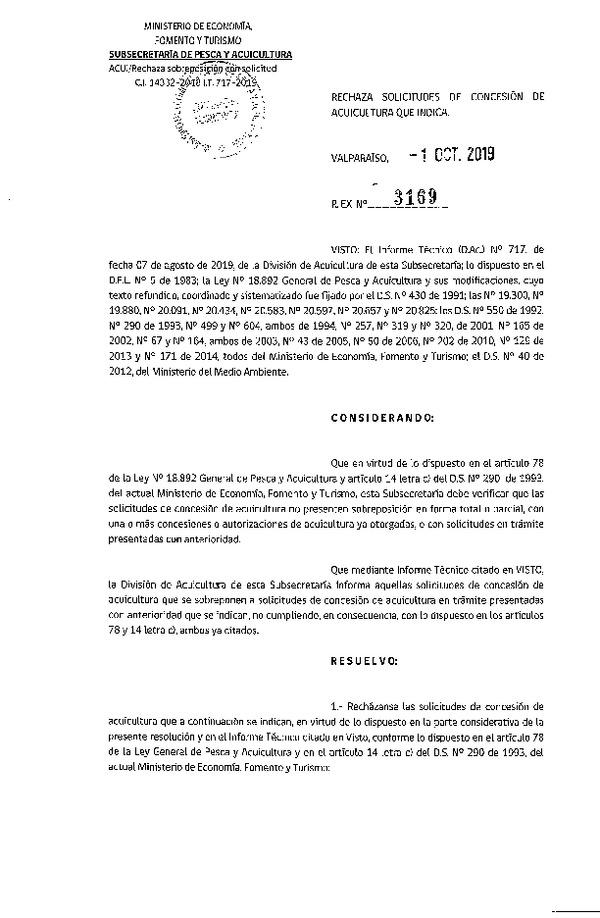 Res. Ex. N° 3169-2019 Rechaza solicitudes de relocalización de concesión de acuicultura que indica.