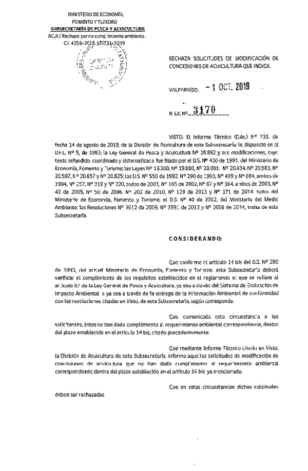 Res. Ex. N° 3170-2019 Rechaza solicitudes de modificación de concesiones de acuicultura que indica.