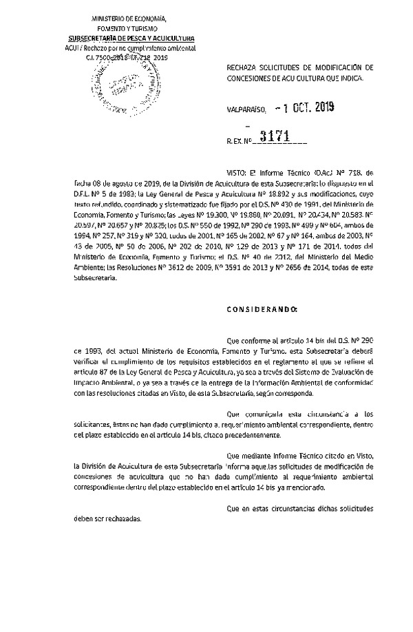 Res. Ex. N° 3171-2019 Rechaza solicitudes de modificación de concesiones de acuicultura que indica.