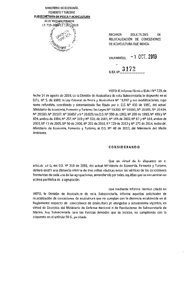 Res. Ex. N° 3172-2019 Rechaza solicitudes de relocalización de concesiones de acuicultura que indica.