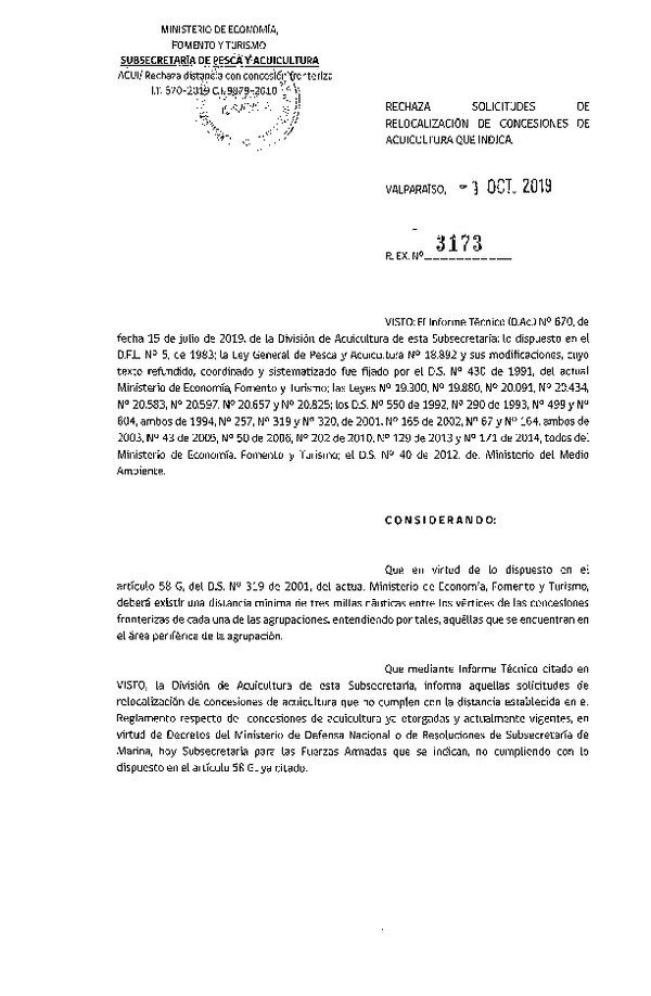 Res. Ex. N° 3173-2019 Rechaza solicitudes de relocalización de concesiones de acuicultura que indica.