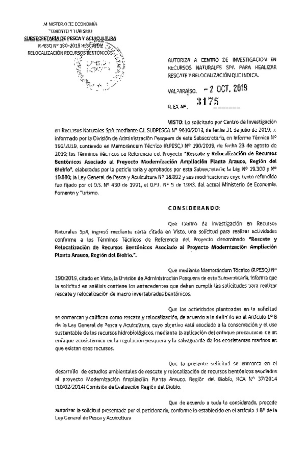 Res. Ex. N° 3175-2019 Rescate y relocalización recursos bentónicos, Región del Biobío.