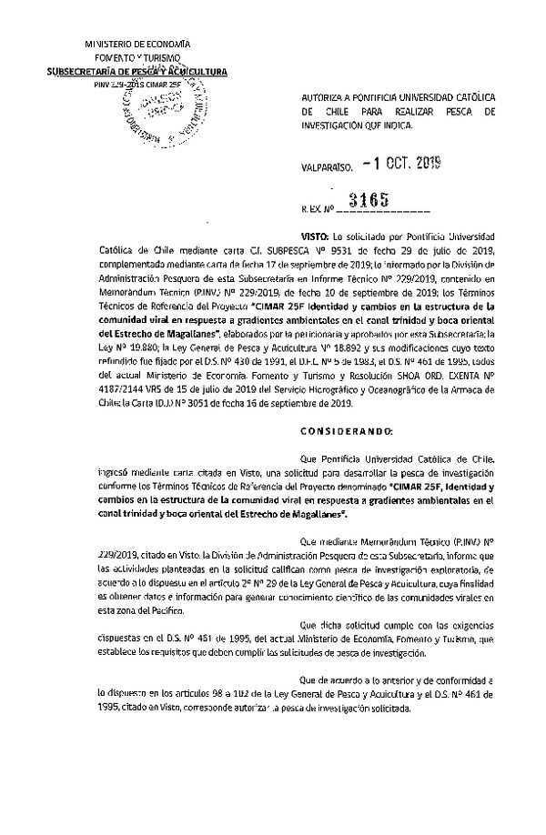Res. Ex. N° 3165-2019 Rescate y relocalización recursos bentónicos, Región del Biobío.