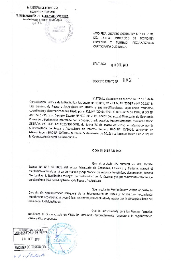 Dec. Ex. N° 182-2019 Modifica D.S. N° 632-2001 Regulariza Cartografía Área de Manejo Tenaún Sector B, Región de Los Lagos. (Publicado en Página Web 04-10-2019) (F.D.O. 09-10-2019)