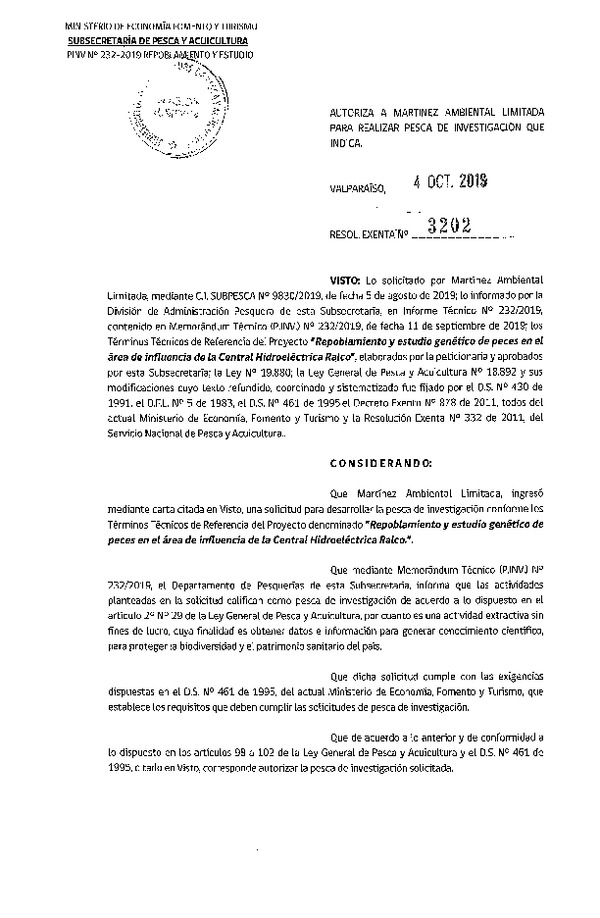 Res. Ex. N° 3202-2019 Repoblamiento y estudio genético de peces en el área de influencia de la Central Hidroeléctrica Ralco.