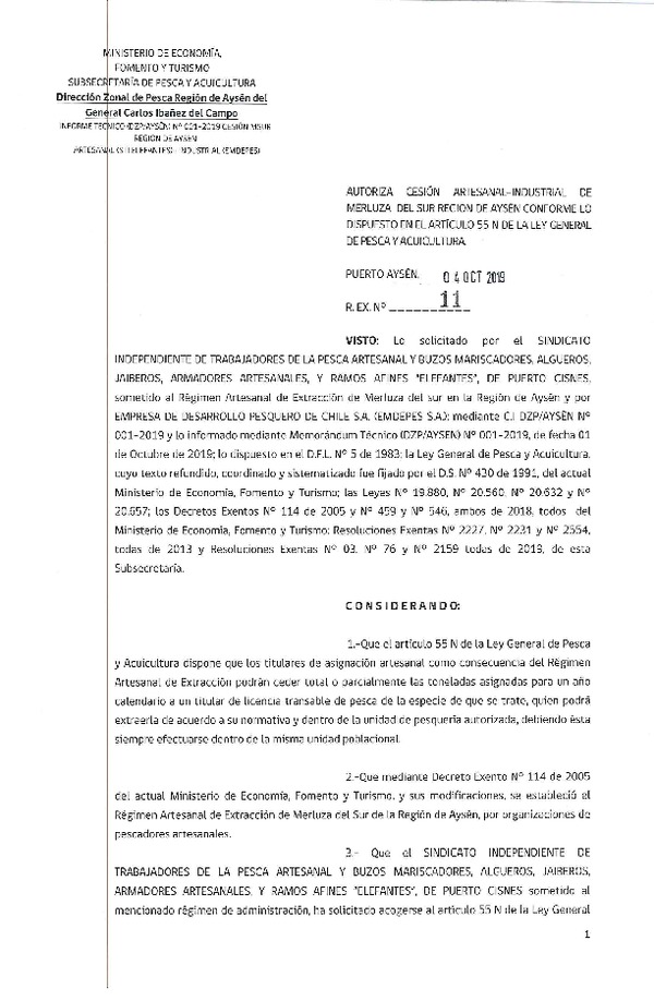 Res. Ex. N° 11-2019 (DZP Región de Aysén) Autoriza cesión merluza del sur, Región de Aysén del General Carlos Ibañez del Campo. (Publicado en Página Web 04-10-2019)