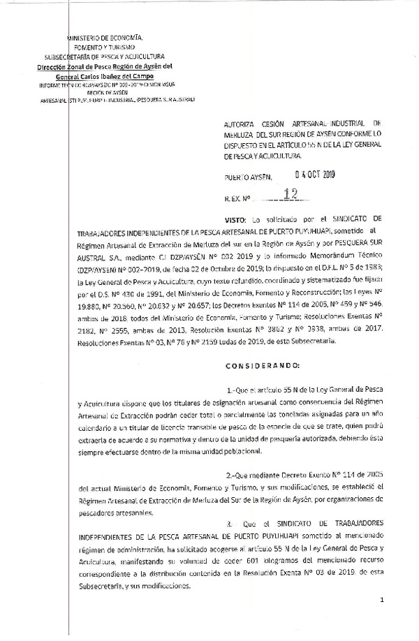 Res. Ex. N° 12-2019 (DZP Región de Aysén) Autoriza cesión merluza del sur, Región de Aysén del General Carlos Ibañez del Campo. (Publicado en Página Web 04-10-2019)