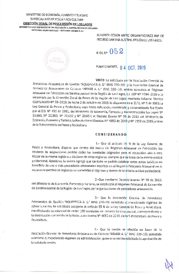 Res. Ex. N° 52-2019 (DZP Los Lagos) Autoriza cesión sardina austral Región de Los Lagos.