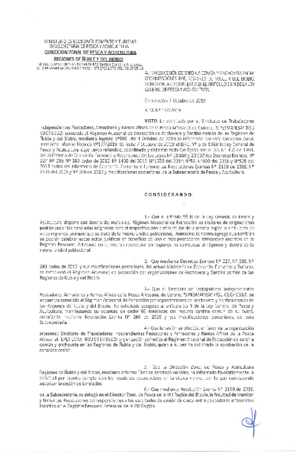 Res. Ex. N° 137-2019 (DZP VIII) Autoriza cesión Anchoveta y sardina común Regiones de Ñuble y del Biobío.
