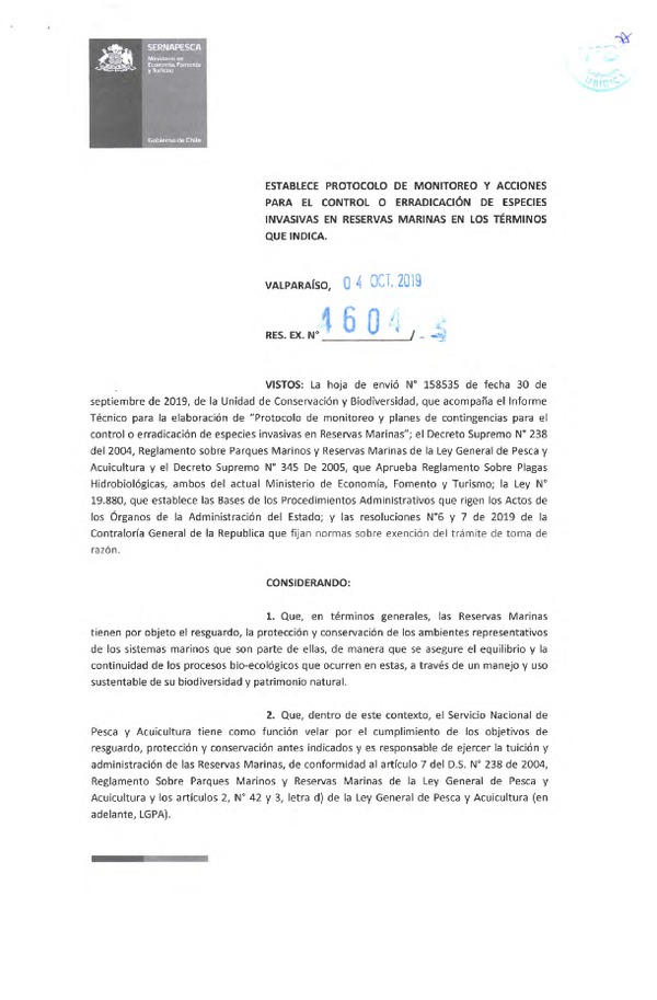 Res. Ex. N° 4604-2019 (Sernapesca) Establece Protocolo de Monitoreo y Acciones para el Control o Erradicación de Especies Invasivas en Reservas Marinas en los Términos que Indica. (Publicado en Página Web 08-10-2019)