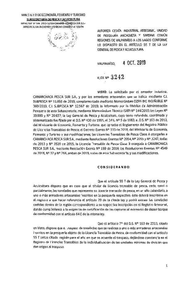 Res. Ex. N° 3242-2019 Autoriza cesión pesquería Anchoveta y Sardina común, Regiones de Valparaíso a Los Lagos.