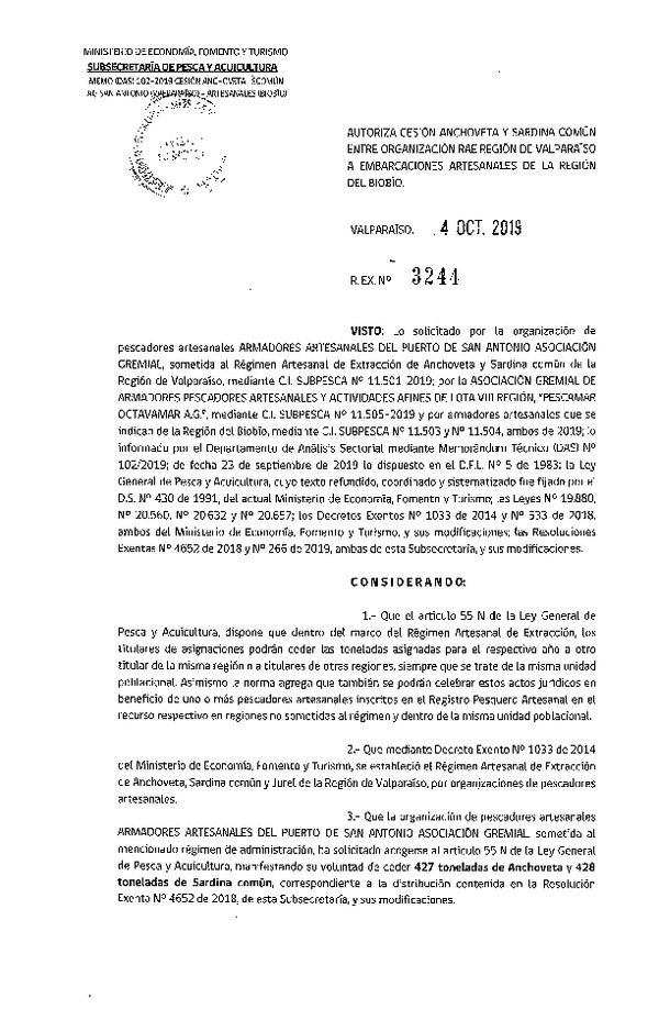 Res. Ex. N° 3244-2019 Autoriza cesión anchoveta y sardina común Región de Valparaíso a Región del Biobío.