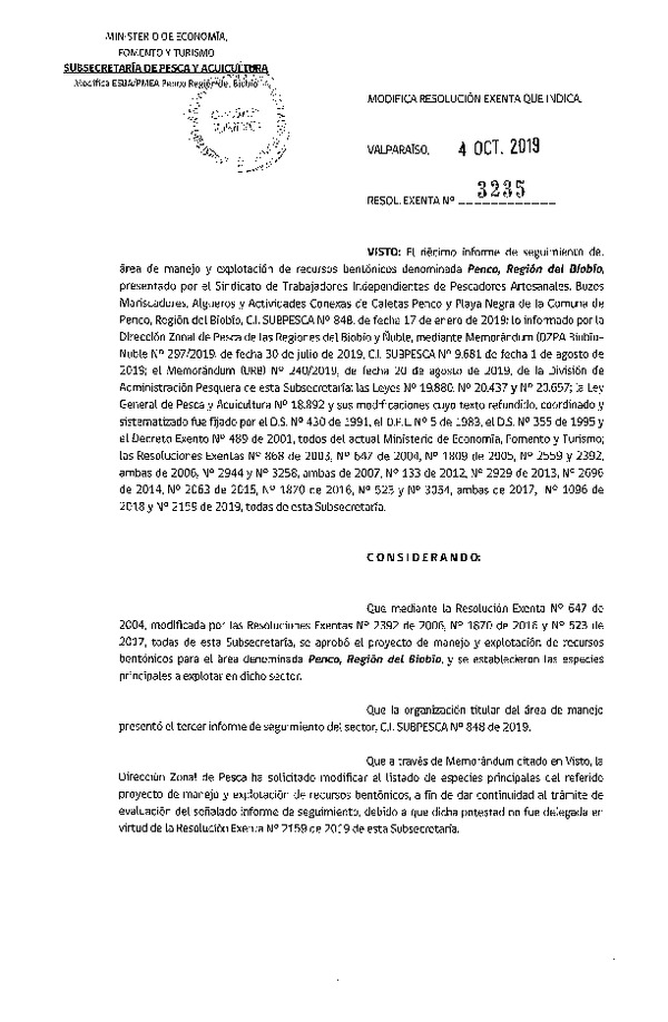 Res. Ex. N° 3235-2019 Modifica Plan de Manejo.