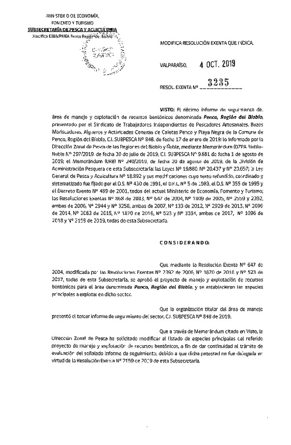 Res. Ex. N° 3235-2019 Modifica Plan de Manejo.