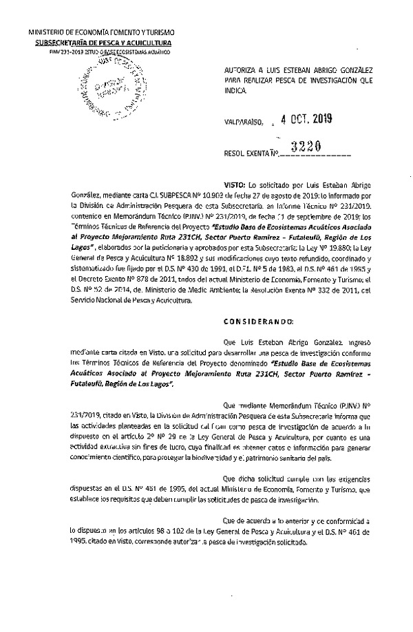 Res. Ex. N° 3220-2019 Estudio base de ecosistemas acuáticos, Región de Los Lagos.