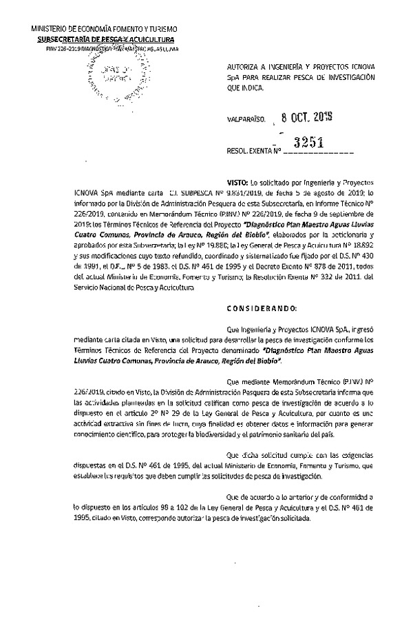 Res. Ex. N° 3251-2019 Diagnóstico plan maestro aguas lluvias, Región del Biobío..