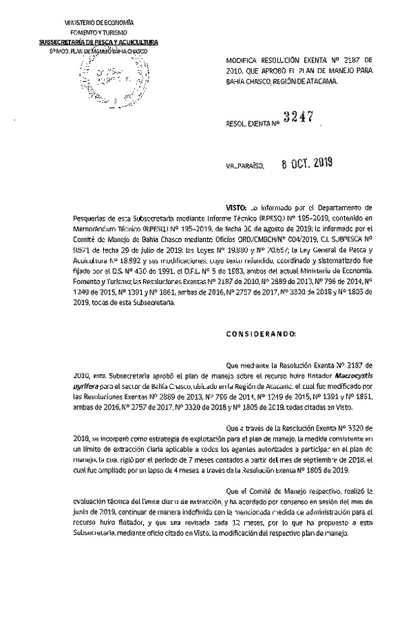 Res. Ex. N° 3247-2019 Modifica Res. Ex. N° 2187-2010 que Aprobó el plan de manejo para bahía Chasco, Región de Atacama. (Publicado en Página Web 09-10-2019) (F.D.O. 16-10-2019)