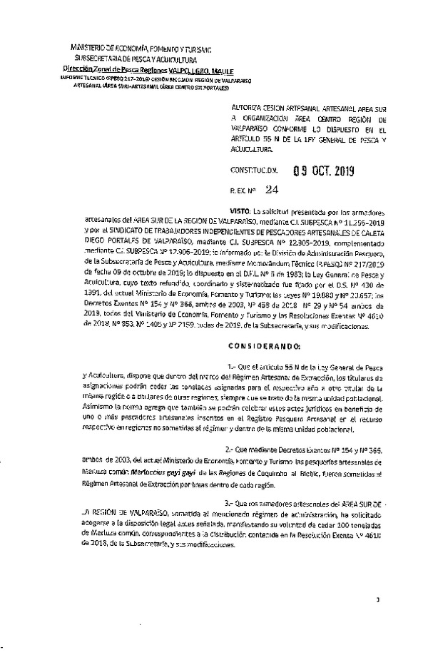 Res. Ex. N° 24-2019 (DZP Región de Valparaíso-O'Higgins y Maule) Autoriza cesión Merluza común , Región de Valparaíso.