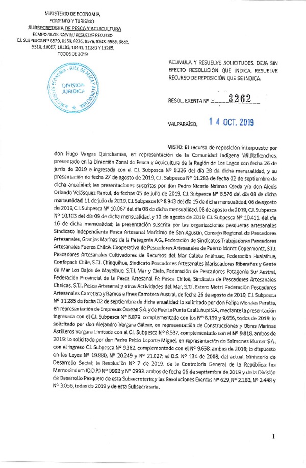 Res. Ex. N° 3262-2019 Acumula y resuelve solicitudes, deja sin efecto resolución que indica. Resuelve recurso de reposición que se indica. (Publicado en Página Web 14-10-2019)