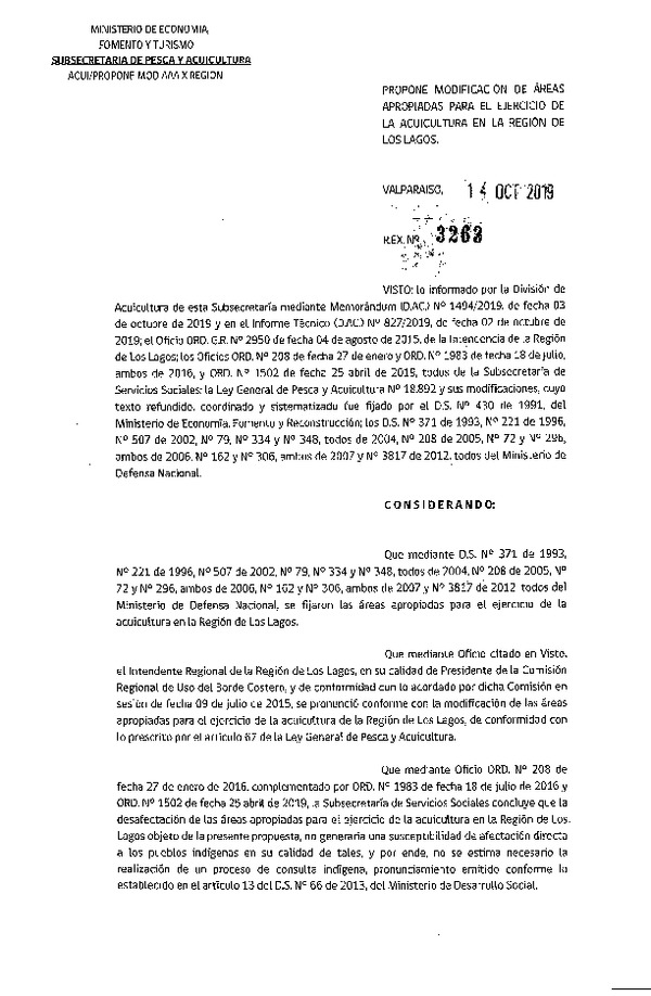 Res. Ex. N° 3263-2018 Propone Modificación de Áreas Apropiadas para el Ejercicio de la Acuicultura en la Región de Los Lagos. (Publicado en Página Web 14-10-2019) (F.D.O. 21-10-2019)