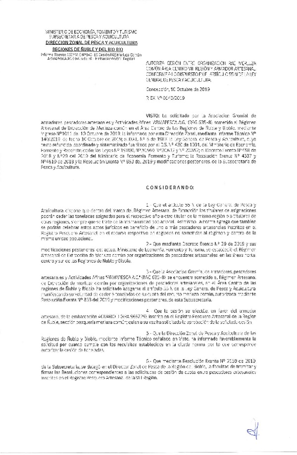 Res. Ex. N° 140-2019 (DZP VIII) Autoriza cesión Merluza común Región del Biobío.