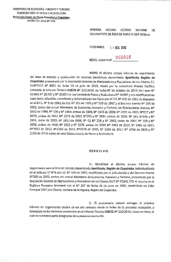 Res. Ex. N° 36-2019 (DZP Atacama y Coquimbo) 18° Seguimiento.