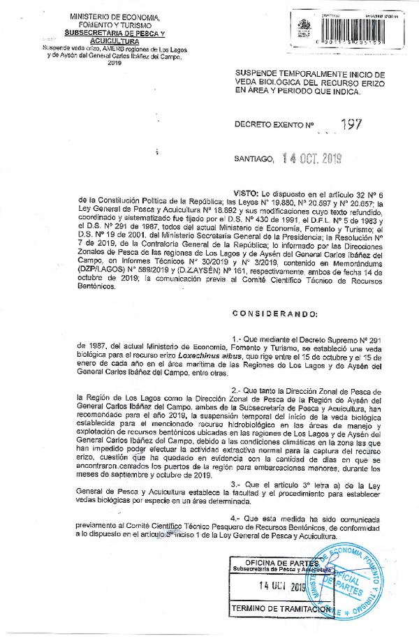 Dec. Ex. Nº 197-2019 Suspende Temporalmente Veda Biológica Recurso Erizo Regiones de Los Lagos y de Aysén. (Publicado en Página Web 15-10-2019) (F.D.O. 18-10-2019)