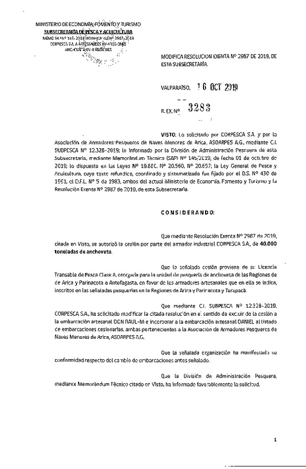 Res. Ex. N° 3283-2019 Modifica Res. Ex. N° 2987-2019 Autoriza cesión anchoveta, Regiones de Arica y Parinacota a Antofagasta.