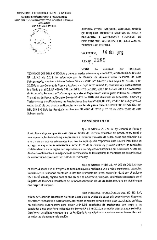 Res. Ex. N° 3285-2019 Autoriza cesión pesquería Anchoveta, Regiones de Arica y Parinacota a Antofagasta.