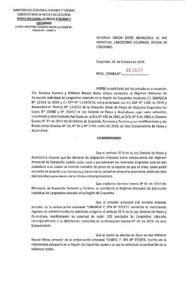 Res. Ex. N° 38-2019 (DZP Atacama y Coquimbo) Autoriza Cesión Langostino Colorado, Región de Coquimbo.