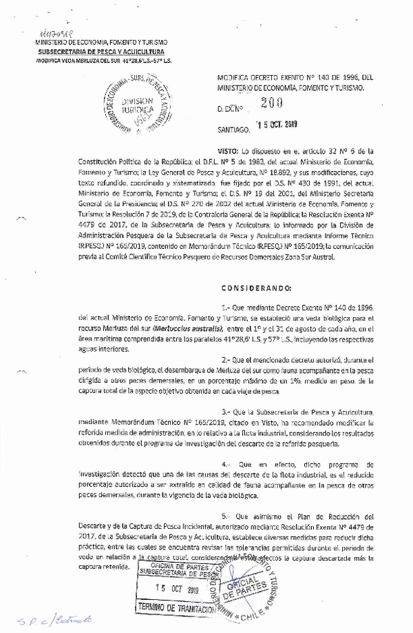 Dec. Ex. N° 200-2019 Modifica Dec. Ex. N° 140-1996 Veda Biológica Recurso Merluza del Sur. (Publicado en Página Web 17-10-2019) (F.D.O. 21-10-2019)