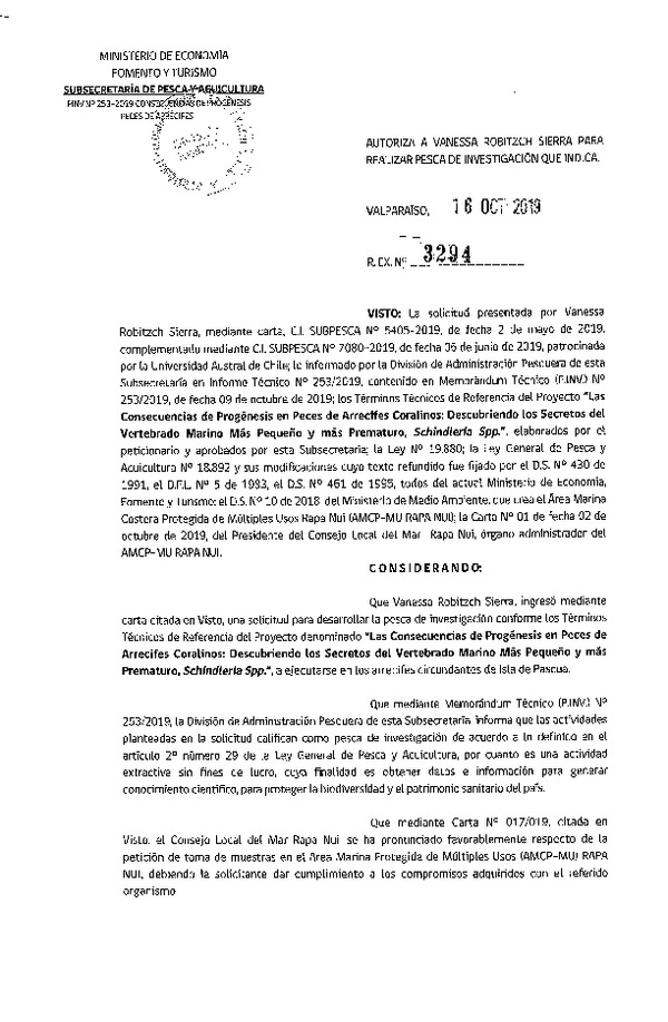 Res. Ex. N° 3294-2019 Las consecuencias de Progénesis en peces de arrecifes coralinos.