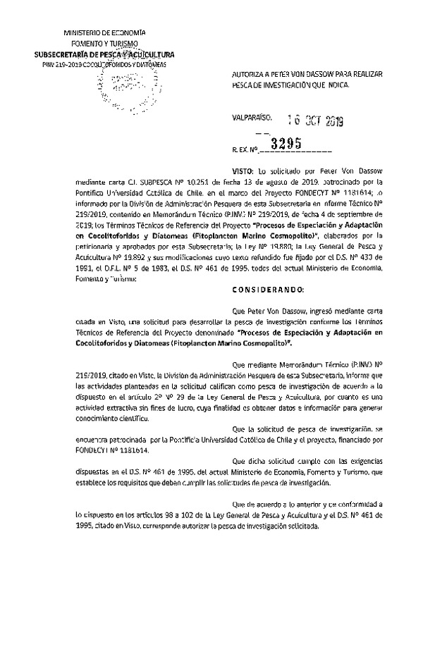 Res. Ex. N° 3295-2019 Proceso de especiación y adaptación en Cocolitoforidos.