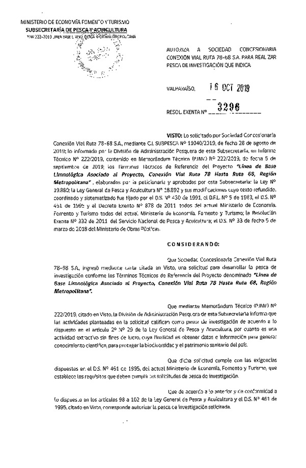 Res. Ex. N° 3296-2019 Línea de base limnológica, R.M.