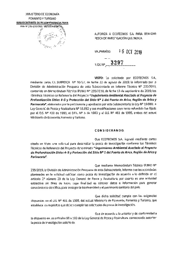 Res. Ex. N° 3297-2019 Seguimiento ambiental, Región de Arica y Parinacota.