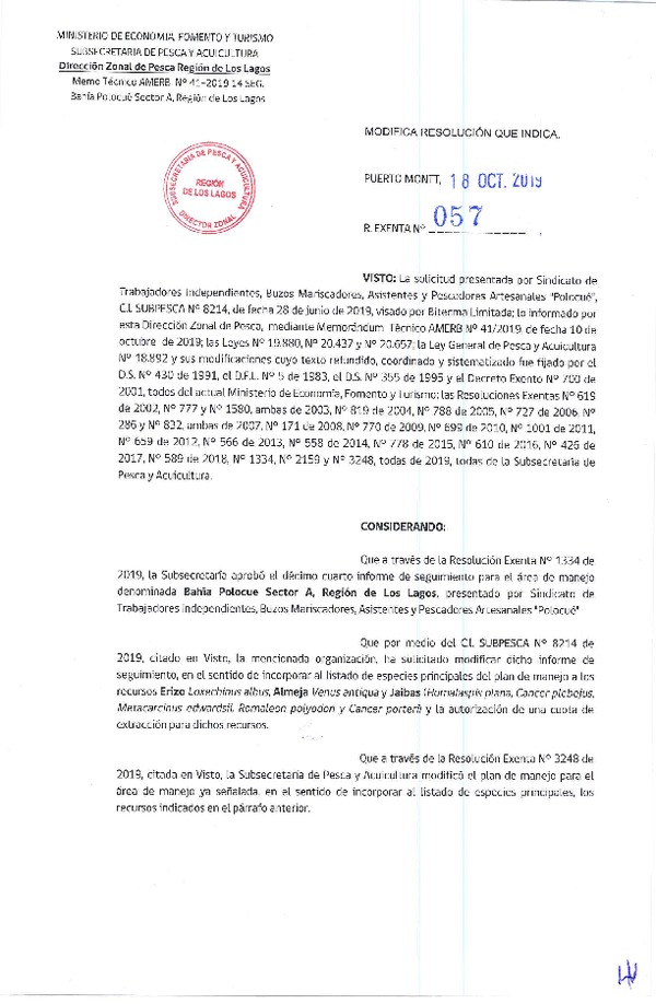 Res. Ex. N° 57-2019 modifica Res. Ex. N°1334-2019.