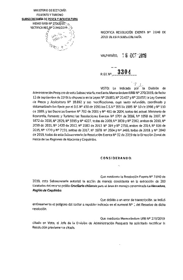 Res. Ex. N° 3304-2019 Modifica resolución exenta N°2840 de 2019, de esta Subsecretaría