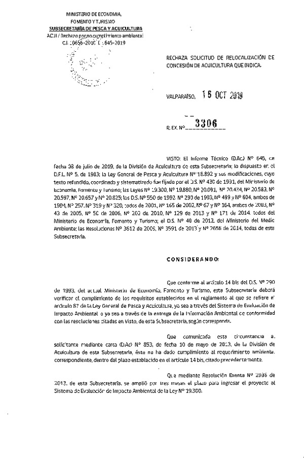 Res. Ex. N° 3306-2019 Rechaza solicitud de relocalización de concesiones de acuicultura que indica.