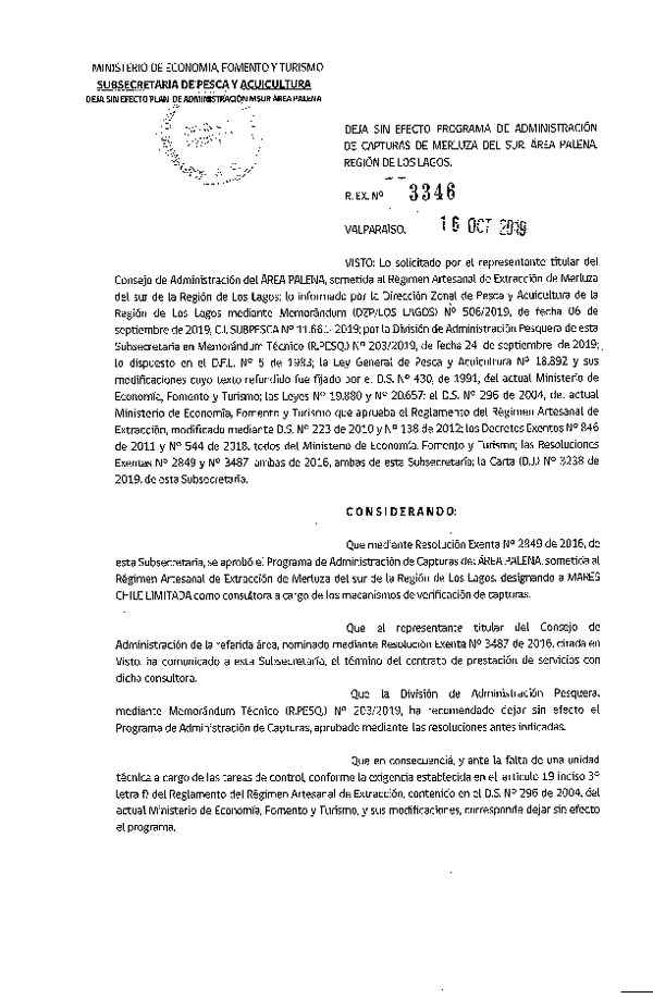 Res. Ex. N° 3346-2019 Deja sin efecto programa de administración de capturas de merluza del sur, área Palena, región de Los Lagos.(Publicado en Página Web 23-10-2019)