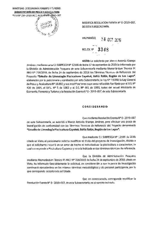 Res. Ex. N° 3348-2019 Modifica Resolución Exenta N° E-2019-007, de esta Subsecretaría.