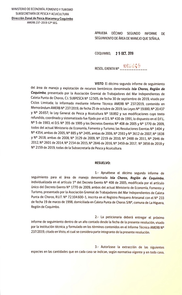 Res. Ex. N° 40-2019 (DZP Atacama y Coquimbo), aprueba décimo segundo informe de seguimiento que señala